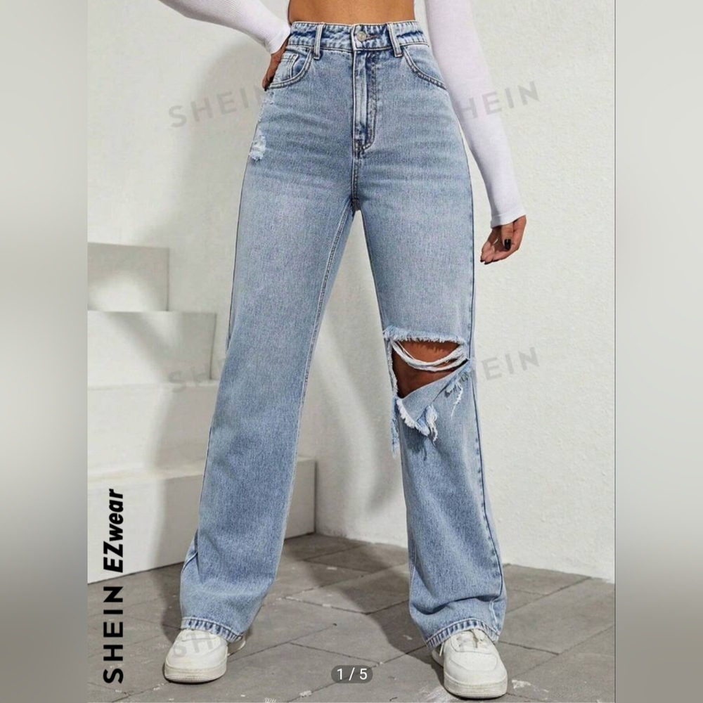 Shein Wide Straight Leg Distressed Denim Jeans Boyfriend Fit Size 4 Small